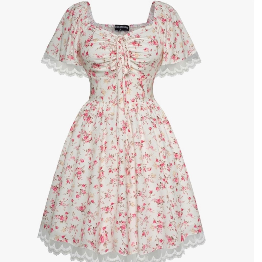 NEW! Scarlet Darkness Floral Midi Cottagecore Dress Corset Lace Trim XL Pockets
